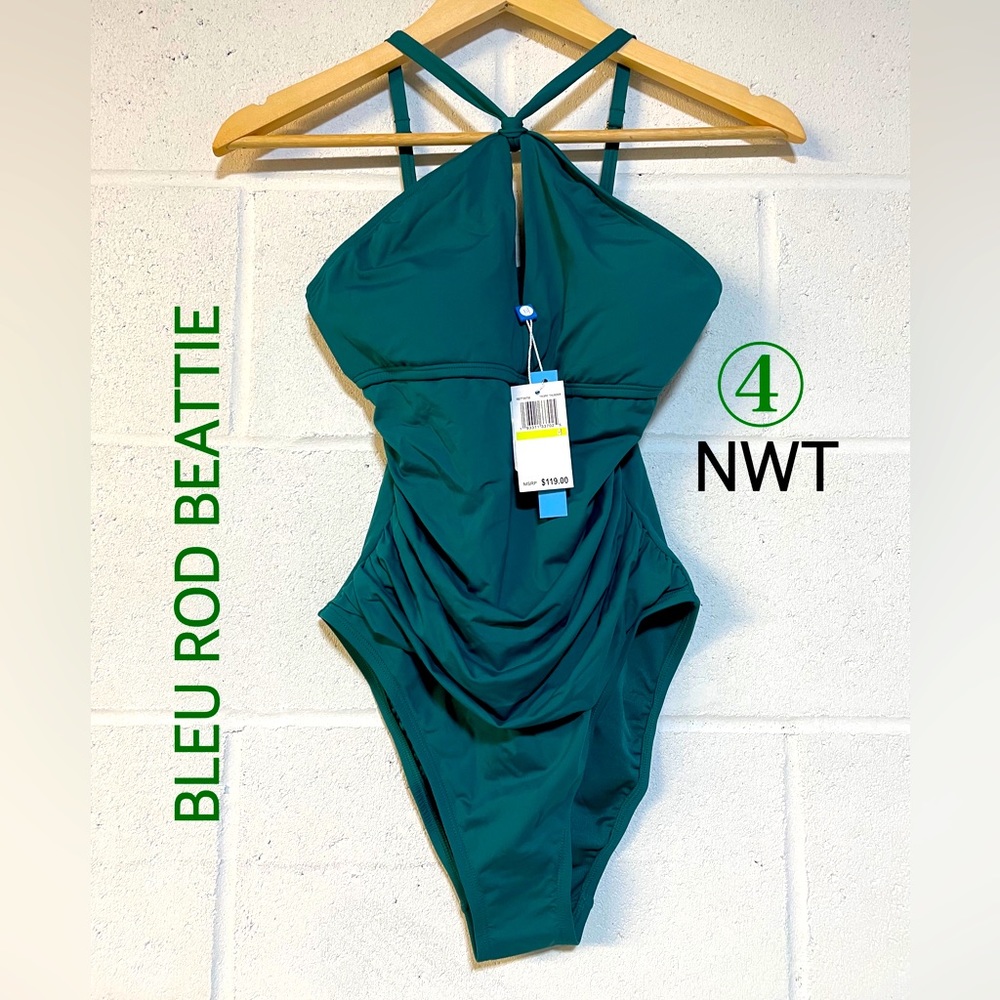 NWT (4) Emerald green swimsuit halter choker pads ruched body slimming high back